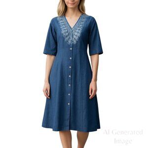 Vermont Country Store Chambray Denim Dress Embroidered Yoke Button Front Size L